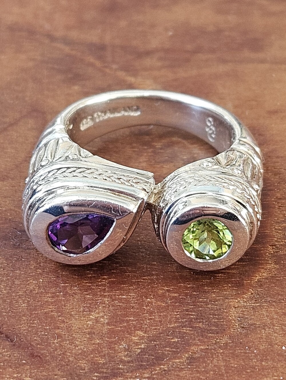 SeidenGang Sterling Silver Bypass Style Ring Amethyst & Peridot Size 6